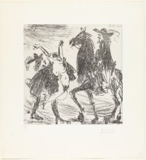  Pablo Picasso's "Enlèvement II," a black and white etching on paper, portraying an intense, abstract scene with a horse rearing and figures that suggest movement and struggle, executed with expressive lines and stark contrasts.