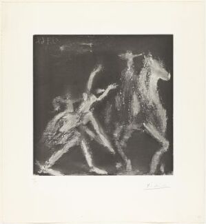  Abstract aquatint artwork on paper, "Enlèvement. III" by Pablo Picasso, depicting dynamic and intertwined figures in stark black and grey, hinting at themes of power and resistance.