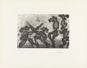  "Duel au soleil levant" by Pablo Picasso, an etching on paper showcasing an abstract monochromatic scene of figures in a duel, using expressive lines and contrasting shades of black and gray on a textured white background.