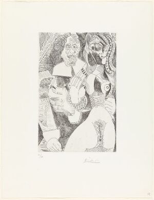  Black and white etching by Pablo Picasso titled "Homme rembranesque à la pipe et courtisane," featuring a contemplative man with a pipe and a hat and a detailed depiction of a courtesan beside him, crafted with dense, expressive lines and textural details on paper.