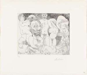  A black and white etching titled "Scène champêtre, avec barbu couronné de fleurs par un putto, et femmes" by Pablo Picasso, depicting a joyful pastoral scene with a bearded man being crowned by a putto and surrounded by female figures in a celebration. The artwork is characterized by its classical figures, expressive linework, and a lack of color, relying solely on grayscale to define shapes and textures.