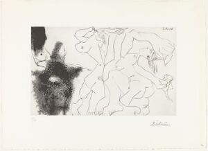  "Gammel rembrandtsk kunstner maler bakkantinner" by Pablo Picasso, featuring monochromatic line art of abstract figures in black ink on white paper, with Picasso's signature at the bottom right.