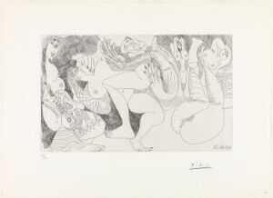  A grayscale etching titled "Autour du 'Bain Turc' d'Ingres" by Pablo Picasso, featuring a complex array of abstracted, overlapping figures inspired by the opulence and fluidity of Ingres's "Le Bain Turc."