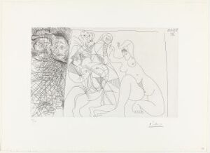  Black and white etching on paper by Pablo Picasso titled "Toile représentant des bacchantes, et spectateurs, dont un au chapeau rembranesque" featuring a series of abstracted figures, with one male figure wearing a distinctive hat seated in the lower right corner, amidst a background of densely cross-hatched patterns on the left, gradually transitioning to clearer scenes of interacting forms to the