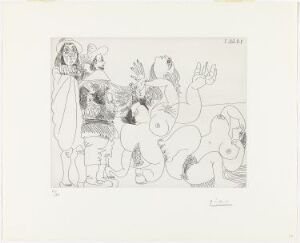  A black and white etching by Pablo Picasso titled "Jeune seigneur fantoche avec un reître, et deux femmes nues," featuring a stylized puppet-like nobleman, a warrior in armor, and two abstractly rendered nude women, all intertwined in a dynamic composition on a white paper background.