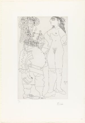  Black and white etching by Pablo Picasso titled "Vieux marin bedonnant à la pipe et jeune prostituée méprisante," showing a portly old sailor with a pipe and a young woman with a scornful expression standing side by side. The sailor's attire is bulky, while the woman's is form-fitting. The artwork is characterized by clear and expressive line work on a plain background.