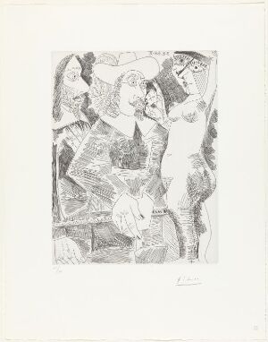  A line etching by Pablo Picasso titled "Jeune femme tirant la moustache d'un gentilhomme en train de tortiller son jonc" shows a young woman playfully pulling on a gentleman's curly mustache while he fiddles with his cane. The grayscale image highlights an intimate moment through expressive lines on paper.