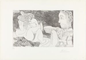  A black and white Pablo Picasso etching titled "Au jardin: Odalisque en pantoufles au chapeau, avec des fleurs. et spectateur ingresque", featuring a reclining female figure with a flower-adorned hat and slippers in a garden, accompanied by a spectator figure to the right, all depicted with fine lines and intricate textures on paper.