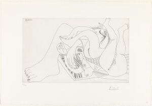  "Deux femmes batifolant sur un matelas de plage" by Pablo Picasso is an abstract monochrome etching portraying two exaggerated female figures intertwined in playful motion on a beach mattress, executed with fluid and curving lines on white paper.