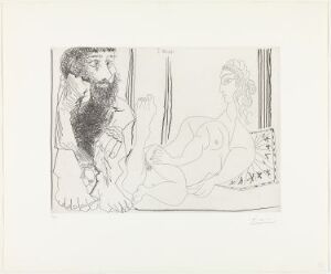  An etching by Pablo Picasso titled "Femme aguichant un homme songeur" depicting a woman seated in a seductive pose on the right, with a contemplative man on the left, both rendered in black and white with expressive line work.