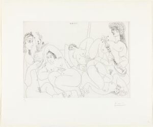  A line etching on paper by Pablo Picasso titled "Clin d'oeil au 'Bain turc': Femmes faisant la sieste au soleil," depicting a group of women resting, with minimalist lines to suggest their forms on an off-white background.