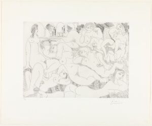  Monochromatic line etching on paper by Pablo Picasso titled "Clin d'oeil au 'Bain turc': Femmes prenant le soleil à la piscine," depicting an abstract composition of multiple female forms interlaced and layered, conveying a sense of sunbathing by a pool through intricate lines and varying shades of grey.