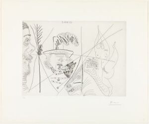  Monochromatic etching titled "Écuyère de cirque, homme rembranesque et spectateur mal rasé" by Picasso depicting circus-themed figures with a central horseback performer, a strong male figure, and an unshaven spectator, using fine lines and cross-hatching on white paper.