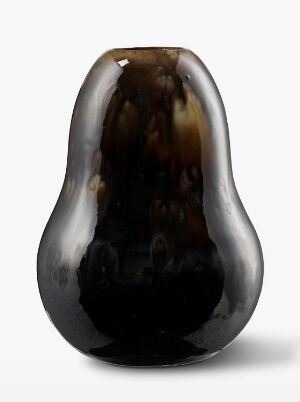  An abstract, pear-shaped glossy sculpture with a gradient of brown to black colors, reflecting light on its smooth surface against a neutral grey background. Artist name and title are unknown.