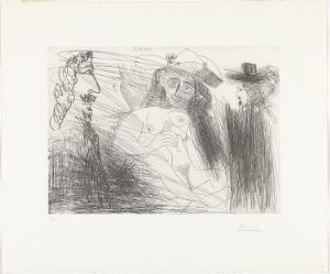  An etching by Pablo Picasso titled "Peintre, modèle au chapeau de paille, et gentilhomme," featuring a painter with a palette, a model wearing a straw hat, and a gentleman with a top hat, all depicted in expressive lines on a monochrome background.