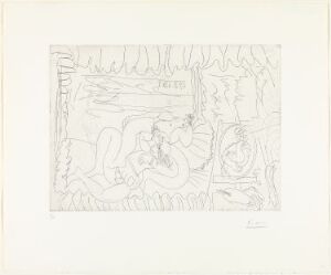  "Rafael og La Fornarina I" by Pablo Picasso, an etching featuring abstract line art on off-white paper, suggesting the figures of a man and woman in a scene that invites interpretation.