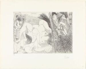  An etching on paper by Pablo Picasso titled "Rafael og La Fornarina IV: Med paven som drar i forhenget" featuring abstract and distorted figures in various shades of grey, with detailed line work creating depth and texture.