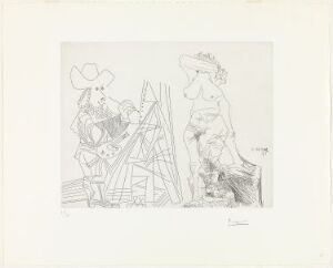  An etching titled "Maler, og modell som skjuler sitt ansikt" by