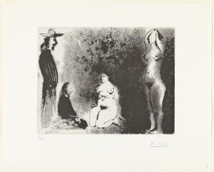  Monochromatic fine art print by Pablo Picasso titled "Peintres aux champs: Autour du XIX siècle et de Courbet," featuring three figures: one standing with a wide-brimmed hat and long coat facing two other figures, one seated in period costume and the other a standing nude. The background is abstract with a nuanced interplay of light and dark shades of gray.
