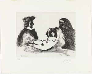  A black and white sugar aquatint print by Pablo Picasso titled "Célestine, client, et petite maja nue sans visage," featuring abstracted figures interacting without visible faces, rendered in expressive lines and contrasting shades of black, white, and gray.