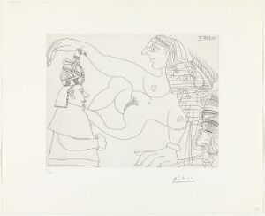  "Égyptien et femmes" by Pablo Picasso is a monochrome line drawing on paper, depicting abstracted figures reminiscent of an Egyptian and women in Picasso's distinctive etching style, with elegant and fluid black lines on a white background, creating a sense of interaction between the figures without any use of color.