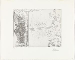  A black and white etching titled "Matmore endimanché dans la coulisse d'un cirque" by Pablo Picasso, depicting a richly textured figure that suggests a clown or performer in the left section and a simplified circus performance with a figure on a horse in front of an audience on the right section, all rendered in a monochromatic