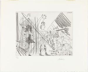  A black and white etching by Pablo Picasso titled "Homme moyenâgeux au cirque" featuring abstract and representational elements including a medieval figure amid a busy circus scene, rendered in varying intensities of line work on paper.