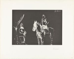  Aquatint print by Pablo Picasso titled "Théatre: Adieux à l'écuyère" depicting a stylized circus scene with a horse, a rider presumed to be an equestrienne, and a figure resembling a clown. The image is characterized by strong contrasts and expressive lines on a light background, encapsulating a theatrical moment in an abstract visual language.