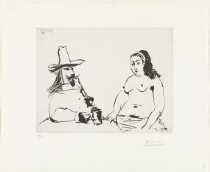  "Matin: Pipe, femme et chocolat" by Pablo Picasso, a minimalist black and white print showing a man with a hat and beard holding a pipe, facing a bare-shouldered woman against a blank background, capturing a private moment.