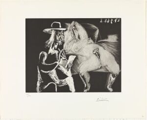  "Homme au chapeau dessinant à côté d'une femme offerte" by Pablo Picasso, a black and white etching depicting a man in a broad-brimmed hat drawing next to a reclined female figure, showcasing sharp contrasts and textures illustrative of the aquatint technique.