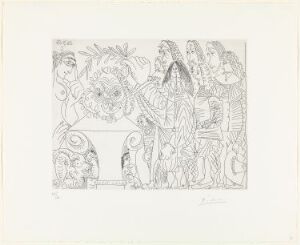  A black and white etching by Pablo Picasso entitled "Akademiet bekroner den avdøde kunstnerens byste: Enken gjør narr", showing an abstract and densely packed group of figures with stylized, exaggerated features characteristic of Picasso's style.