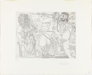  A monochromatic etching by Pablo Picasso, "Superproduction Hollywoodienne, avec spectateurs," showing a dense composition of abstract human figures and faces in his signature cubist style.