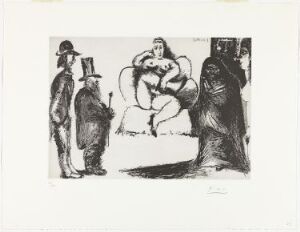  "Célestine, maja, ou Olympia nue, avec Manet et Marcellin Desboutin; couple spectateurs au deuxième plan" by Pablo Picasso is a monochromatic sugar aquatint print showcasing a central nude female figure with Édouard Manet to her left and Marcellin Desboutin to her right, both in 19th-century attire, with a blurred couple in the background.