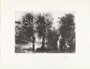  Black and white etching titled "Serenade ved solnedgang i et skogholt à la Monet" by Pablo Picasso, depicting a serene grove with two figures, possibly engaged in a musical moment, surrounded by textured trees that suggest a quiet sunset scene.