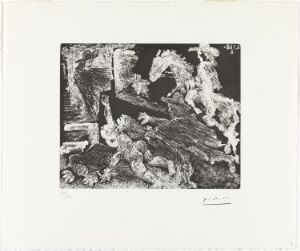  "La Célestine. Poursuite" - an abstract black and white etching by Pablo Picasso featuring dynamic, intermingled figures in various states of motion, creating a fluid and energetic scene on paper, signed by the artist.