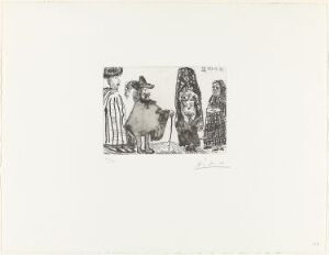  Etching on paper by Pablo Picasso, "Mille et un nuits et Célestine: La jeune esclave," featuring four stylized figures in monochrome, each in distinctive attire suggestive of historical or fantastical characters, with simple, bold lines emphasizing the forms and clothing details against a stark white background.