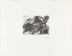  "La Célestine. Fuite" by Pablo Picasso, an etching on paper featuring a complex, monochromatic scene with intertwined figures and expressive line work, evoking movement and chaos.