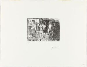  An etching by Pablo Picasso titled "Koblersken viser frem sine to pensjonærer til to kunder," depicting an abstract scene with distorted figures in grayscale, executed with line etching and burin techniques on paper, where a dense cluster of characters interact in an intimate setting framed by the wide margin of the off-white paper.