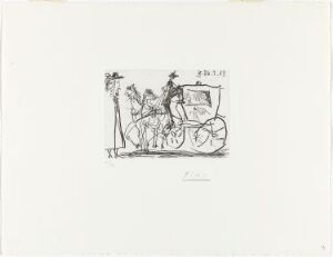  This is "Couple en carrosse et pauvre piéton" by Pablo Picasso, a monochromatic etching on paper showing a detailed horse-drawn carriage with a couple inside, a coachman to the side, and a less detailed figure of a poor pedestrian to the left. The etching focuses on contrasts between wealth and poverty, using clean lines and