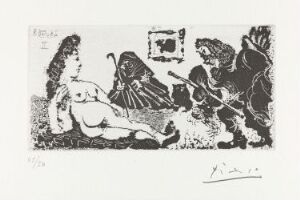  A black and white sugar aquatint print on paper by Pablo Picasso titled "Vieux beau saluant très bas une pupille de la célestine," featuring stylized abstract figures - a reclining nude female on the left, a bowing knight or nobleman in the center, an attendant or figure with a staff on the right, a small dog, and a minimal background with a framed