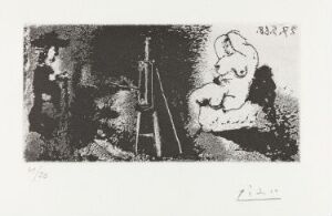  "Peintre, modèle et visiteur" by Pablo Picasso, an aquatint on paper depicting an abstracted scene with a painter to the left working on an easel in the center, a curvaceous model seated to the right, and a faint visitor figure also to the right, all rendered in a monochromatic grayscale palette.