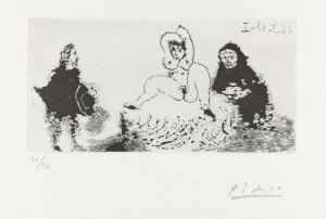  "Gentilhomme en visite chez la célestine" by Pablo Picasso is a black and white sugar aquatint on paper, featuring three stylized figures in an intimate setting, with expressive lines and minimal shading emphasizing their interaction.