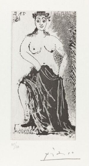  "Une maja posant sur une piédestal" by Pablo Picasso is a sugar aquatint on paper presenting a stylized female figure with exposed breasts, seated or posed on a pedestal, with rough textural contrasts in monochrome shades.