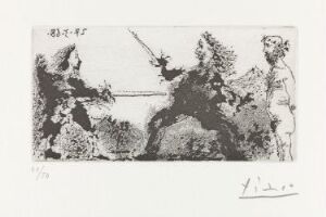  A monochromatic aquatint print by Pablo Picasso titled "Duel, avec un spectateur nu" depicting two figures in historical dress engaged in a duel with swords while a nude spectator stands to the side. The print is primarily in grayscale with Picasso's signature and the date 8.4.67 in the lower right corner, indicating the work was created on April 8, 1967.