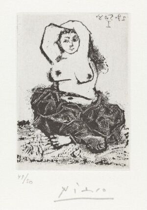  "Odalisque" by Pablo Picasso, a black and white sugar aquatint on paper featuring a woman seated in a relaxed pose with her body slightly twisted, one hand resting on her head, her hair styled up, and her upper body exposed. The print is monochromatic with a range of blacks and grays against the paper's white background, and Picasso's signature is at the bottom right.