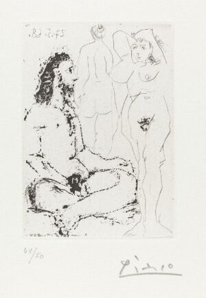  "Homme nu assis en tailleur, et deux femmes" by Pablo Picasso, a sugar aquatint and drypoint on paper showcasing a seated nude male figure in expressive lines with two faintly sketched nude female figures in the background, all rendered in shades of black and white.