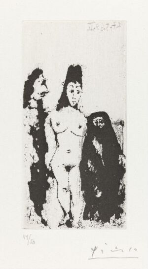  "Célestine, maja et complice masculine" by Pablo Picasso, a sugar aquatint on paper featuring a prominent nude female figure flanked by two companions, one of whom is a cloaked man to her left. The figures emerge from a stark, contrasting background of white and black, and their forms are outlined with Picasso's signature expressive style.