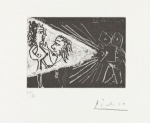  "Tournage: Plan américain" by Pablo Picasso, a monochrome aquatint and line etching on paper, showing abstract figures of a man and a woman with a classic film camera pointing at them, in black on a white background.