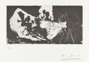  A black and white etching titled "Tournage: Plan avec deux femmes" by Pablo Picasso featuring abstract representations of two women with dynamic lines and contrasting shades of black, gray, and white, showcasing Picasso's use of aquatint and drypoint techniques on paper.