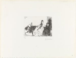  A black and white etching by Pablo Picasso titled "La célestine en action: Le pigeon," featuring abstracted figures and a central motif of a pigeon, executed with energetic lines of varying thickness on a white paper background.